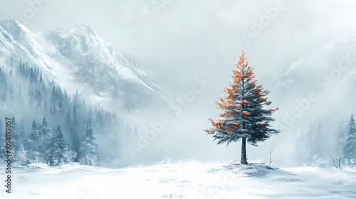 Lone pine tree in snow with foggy mountain backdrop and dusting of snow on the ground, lonely, winter, nature, landscape. Lone Pine Tree. Illustration