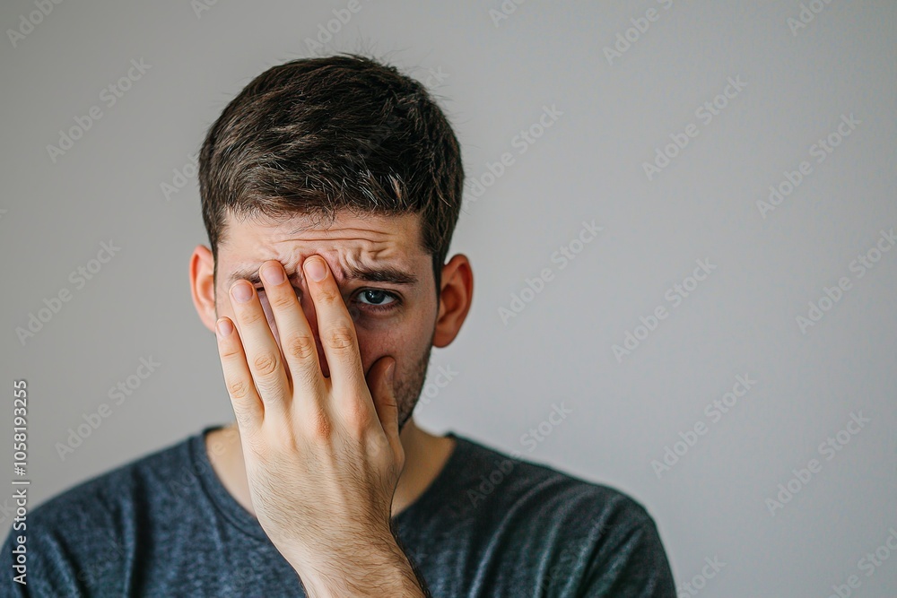 A man holding his hand up to cover the nose, with white background and high... A man holding his hand up to cover the nose, with white background and high...