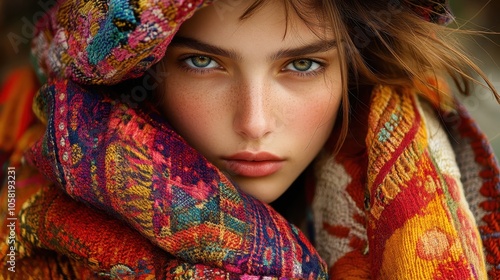 Vibrant Portrait of a Young Woman Wrapped in Colorful Textured Fabric with Intense Gaze and Freckles