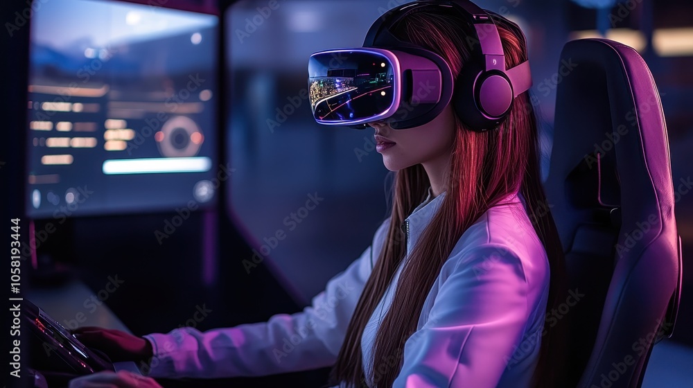 Woman Immersed in Virtual Reality Gaming with Futuristic Headset in Neon-Lit Room Woman Immersed in Virtual Reality Gaming with Futuristic Headset in Neon-Lit Room