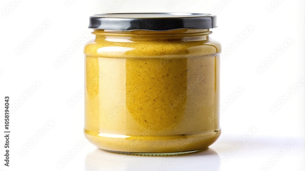 Isolated mustard jar on a white background with a thick layer of slimy substance covering the lid, condiment, laboratory equipment, isolated, food Isolated mustard jar on a white background with a thick layer of slimy substance covering the lid, condiment, laboratory equipment, isolated, food