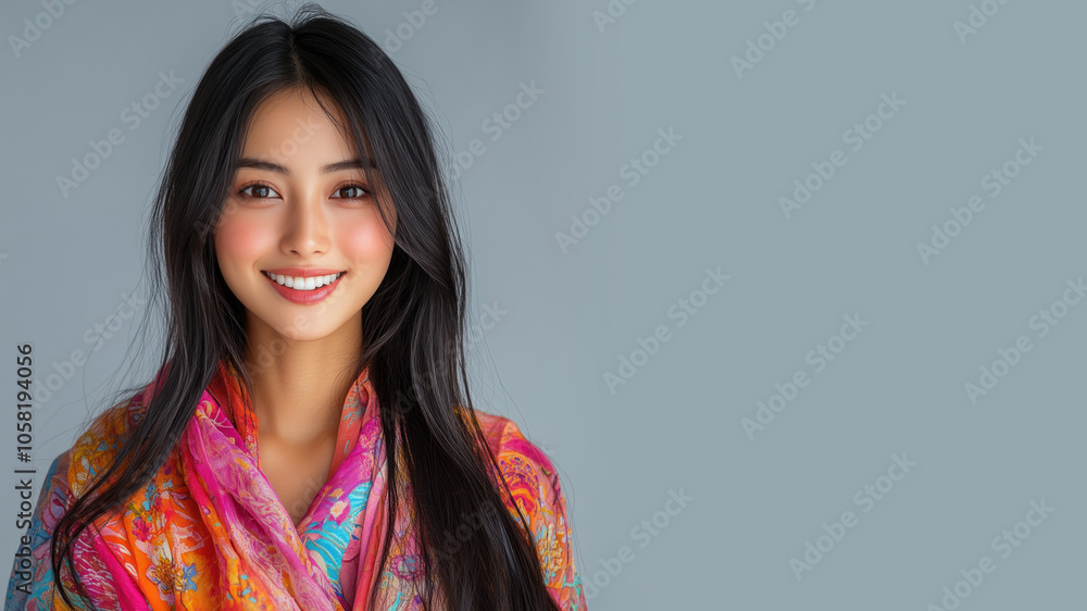 Chinese woman smiling wearing traditional cloth isolated on gray Chinese woman smiling wearing traditional cloth isolated on gray