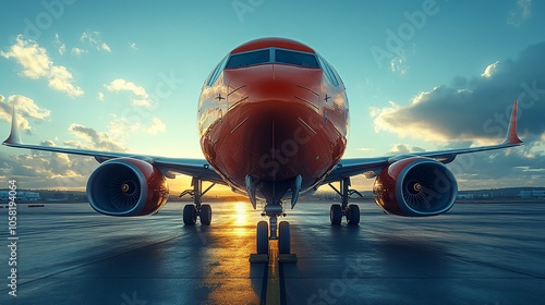 A red passenger airplane on the runway at sunset.