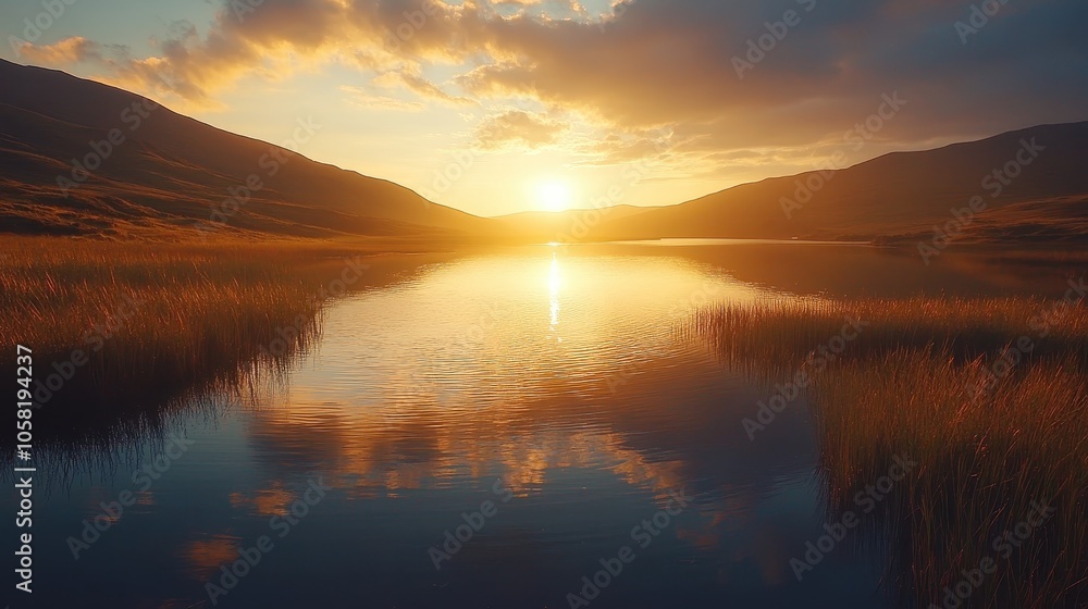 Stunning Sunset Over Serene Lake with Golden Reflections and Majestic Mountain Silhouettes in Tranquil Natural Landscape Stunning Sunset Over Serene Lake with Golden Reflections and Majestic Mountain Silhouettes in Tranquil Natural Landscape
