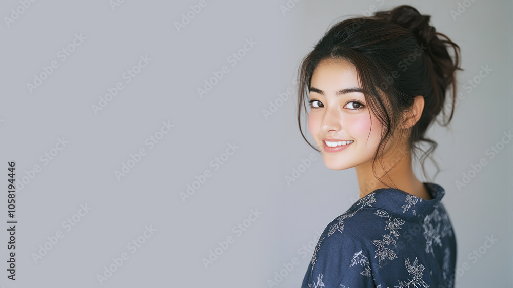 Japanese woman smiling wearing traditional cloth isolated on gray Japanese woman smiling wearing traditional cloth isolated on gray