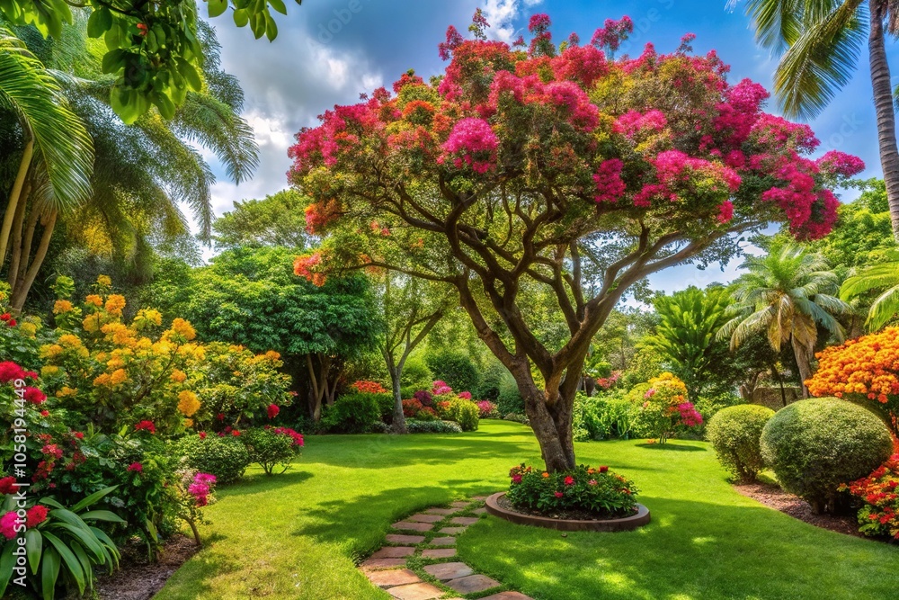 Lush garden with a tree and flowers Lush garden with a tree and flowers