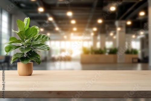 A serene indoor space with a lush green plant on a wooden table emphasizing natural elements in modern design