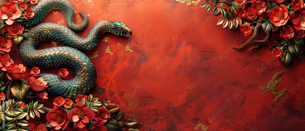 Obraz premium A vivid green snake entwined among lush red flowers against a striking red background in an artistic display of nature's beauty