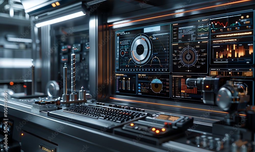 Naklejka premium A futuristic control panel with digital displays, knobs, and a sleek design, ideal for advanced technology applications.