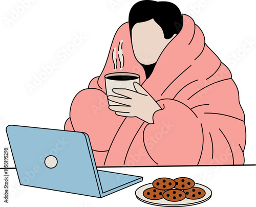 man using blanket enjoying cup of coffee and laptop
