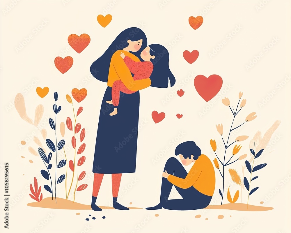 Fototapeta premium A woman is standing and hugging her child, while another person sits on the...