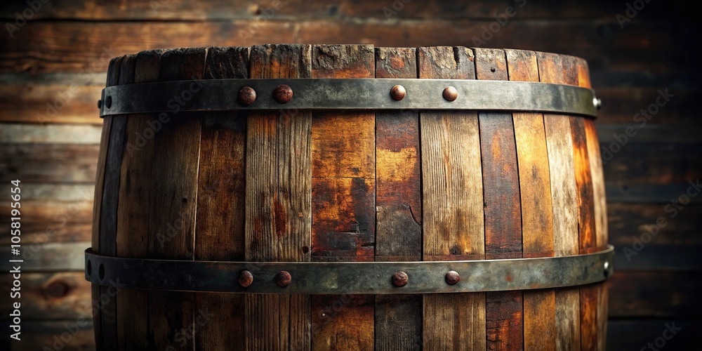 Old whiskey barrel with worn wooden slats and rusty metal band, rural scene, whiskey barrel, wooden barrels Old whiskey barrel with worn wooden slats and rusty metal band, rural scene, whiskey barrel, wooden barrels