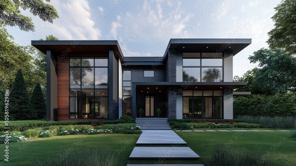 Modern suburban home with clean lines, large windows, Modern suburban home with clean lines, large windows,