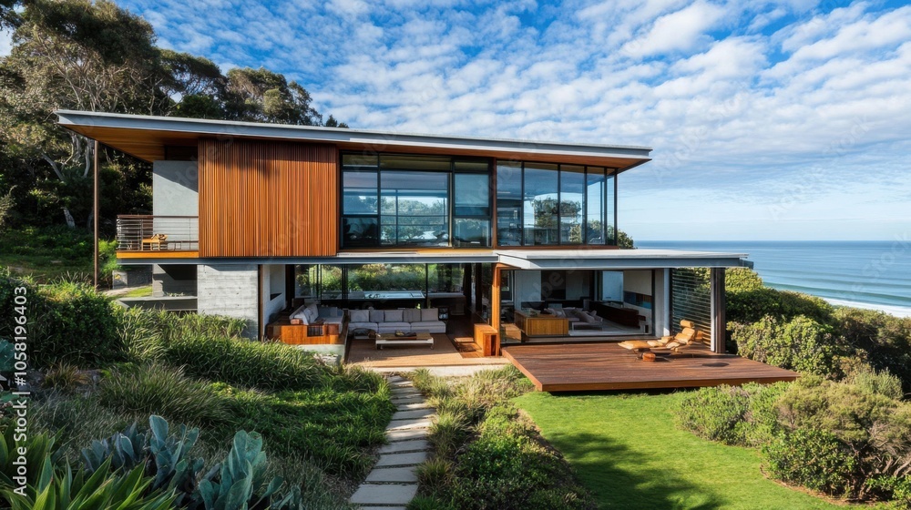 Fototapeta premium Modernist beach house with open plan living, large windows