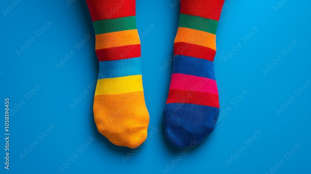 Vibrant Rainbow Toe Socks Against a Bright Blue Background for Playful Fashion Statements. National Sock Day Concept Vibrant Rainbow Toe Socks Against a Bright Blue Background for Playful Fashion Statements. National Sock Day Concept