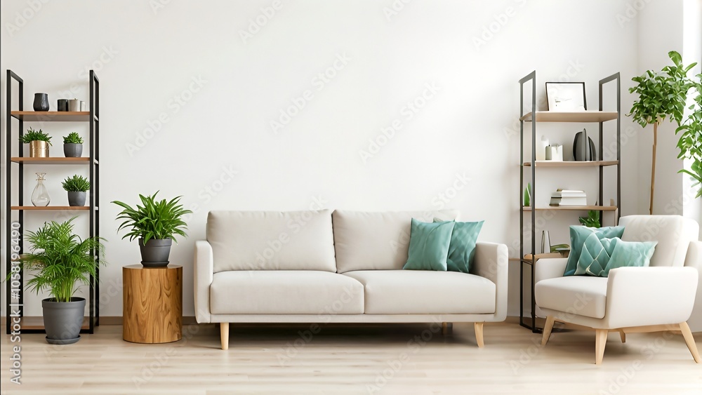 Modern living room with a white sofa, armchair, shelves with plants, and neutral decor. Modern living room with a white sofa, armchair, shelves with plants, and neutral decor.