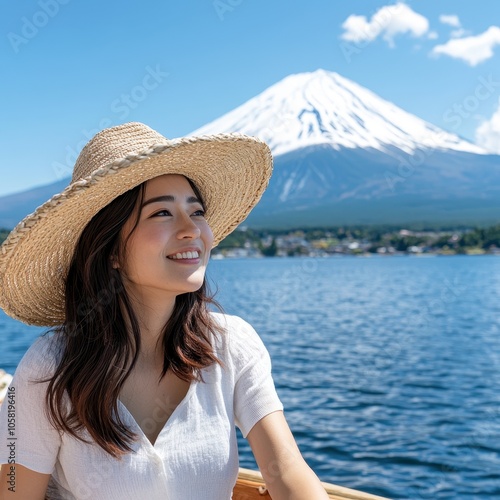 Woman Enjoys Scenic Boat Ride on Japanese Lake