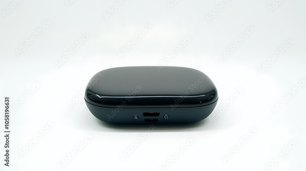 A sleek black charging case for wireless earbuds, designed for portability and convenience. A sleek black charging case for wireless earbuds, designed for portability and convenience.