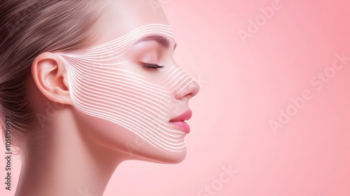 Elegant woman with translucent skin-lifting lines around her eyes and temples, highlighting a facial sculpting technique, with a pastel-toned background