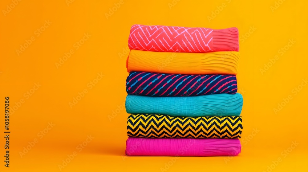 A Vibrant Stack of Colorful Socks Showcasing Unique Patterns Against a Bright Yellow Background. National Sock Day Concept A Vibrant Stack of Colorful Socks Showcasing Unique Patterns Against a Bright Yellow Background. National Sock Day Concept