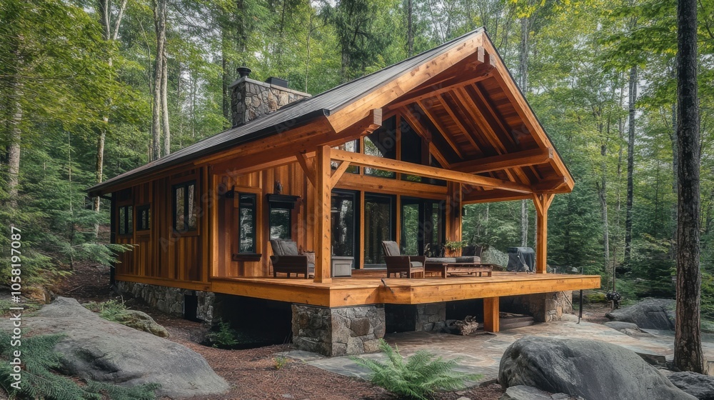Rustic cabin in the woods, built with natural materials