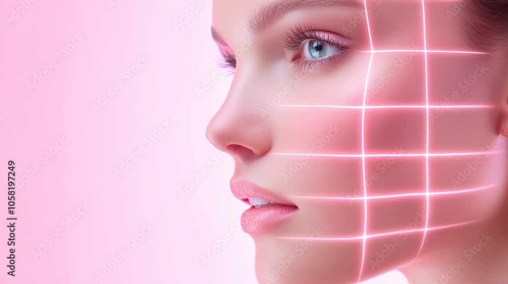 Close-up of a woman's face with soft skin-lifting lines glowing on her cheeks and jawline, illustrating a rejuvenating facial treatment, under natural daylight Close-up of a woman's face with soft skin-lifting lines glowing on her cheeks and jawline, illustrating a rejuvenating facial treatment, under natural daylight