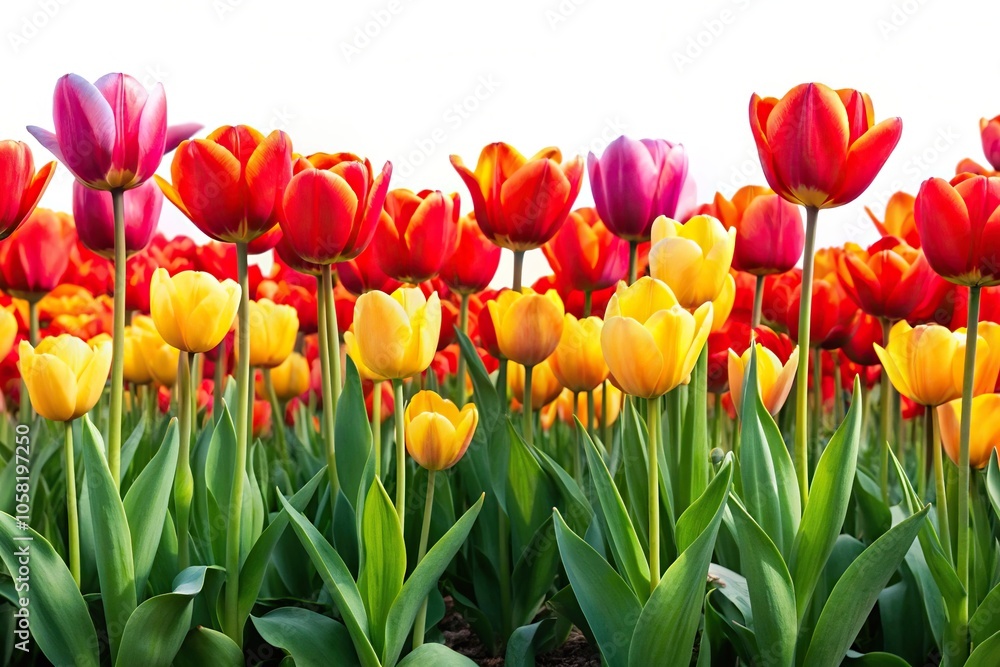 Panoramic flowerbed with red and yellow tulip isolated on white background Panoramic flowerbed with red and yellow tulip isolated on white background