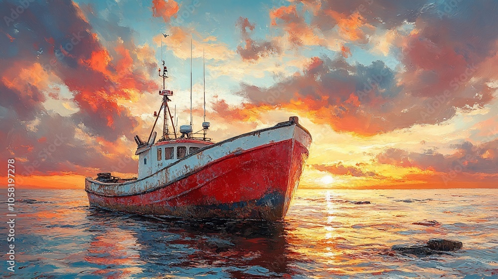 A weathered fishing boat sits in the calm water at sunset, with a bright orange sky and puffy white clouds above. A weathered fishing boat sits in the calm water at sunset, with a bright orange sky and puffy white clouds above.
