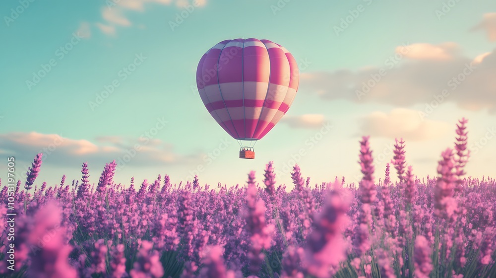 Obraz premium travel destination, beautiful dream inspirational landscape with hot air balloon flying above lavender fields . 
