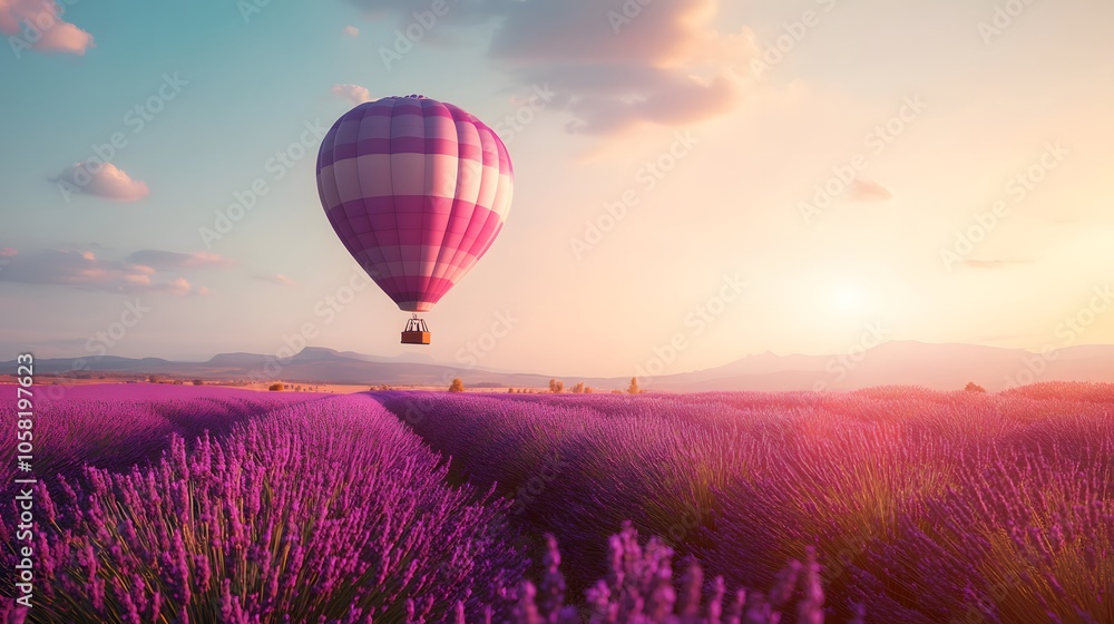 Fototapeta premium travel destination, beautiful dream inspirational landscape with hot air balloon flying above lavender fields . 