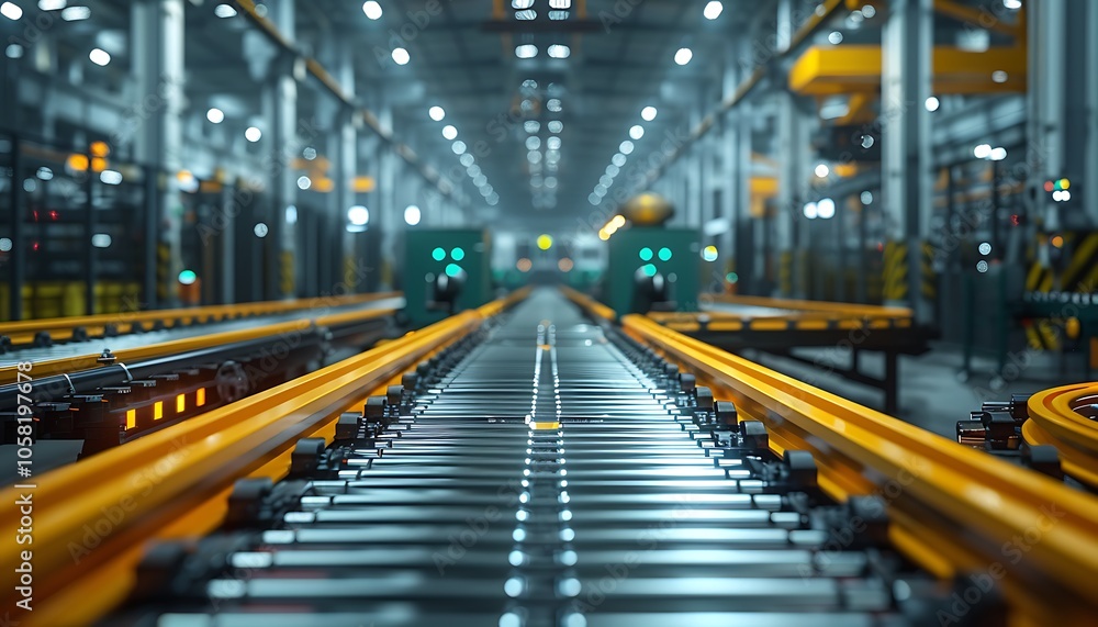 A modern industrial warehouse features illuminated conveyor belts, emphasizing efficiency in a vast, organized environment. A modern industrial warehouse features illuminated conveyor belts, emphasizing efficiency in a vast, organized environment.