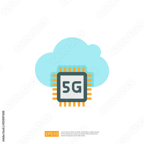 A graphic representation of a microchip labeled '5G' surrounded by a cloud, symbolizing advanced technology and cloud computing in telecommunications.