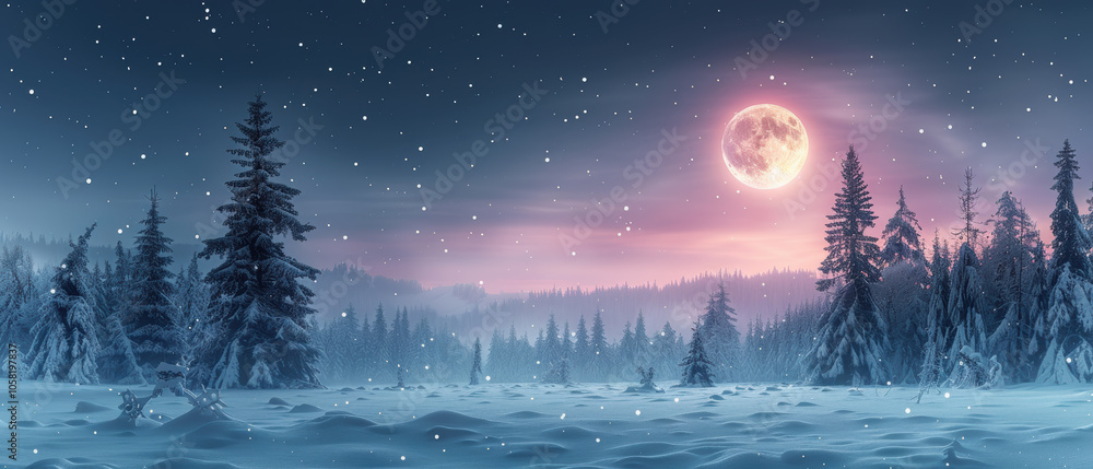 Snow-covered forest under a bright moon at night with falling snowflakes in a serene winter landscape Snow-covered forest under a bright moon at night with falling snowflakes in a serene winter landscape
