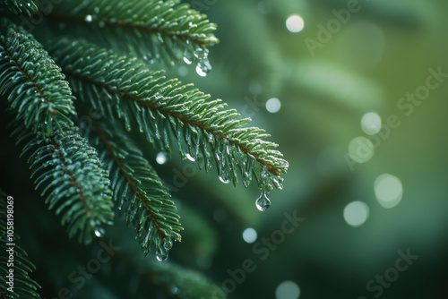 Fresh green pine needles glisten with droplets of water, creating serene and tranquil atmosphere. soft focus background enhances beauty of natures details