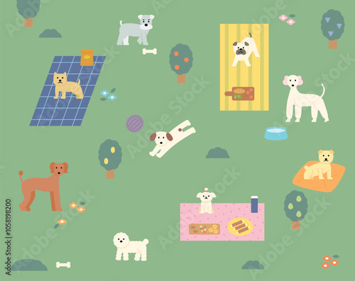 A park for dogs. Many breeds of dogs are happily picnicking.