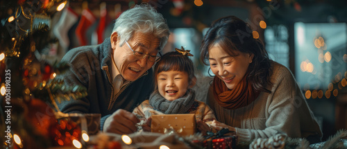 Wallpaper Mural Family celebrating Christmas together indoors, enjoying gift exchange with decorations and lights in a cozy living room setting Torontodigital.ca