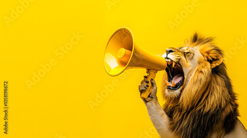 メガホンを使って叫ぶライオン。メッセージを発信するユニークでインパクトの象徴的なビジュアル