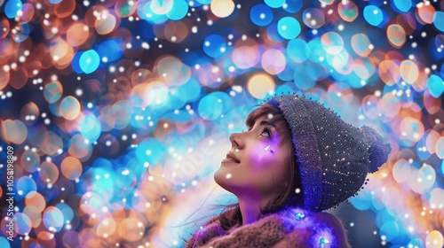 Joyful woman under Christmas lights in Moscow - festive magic