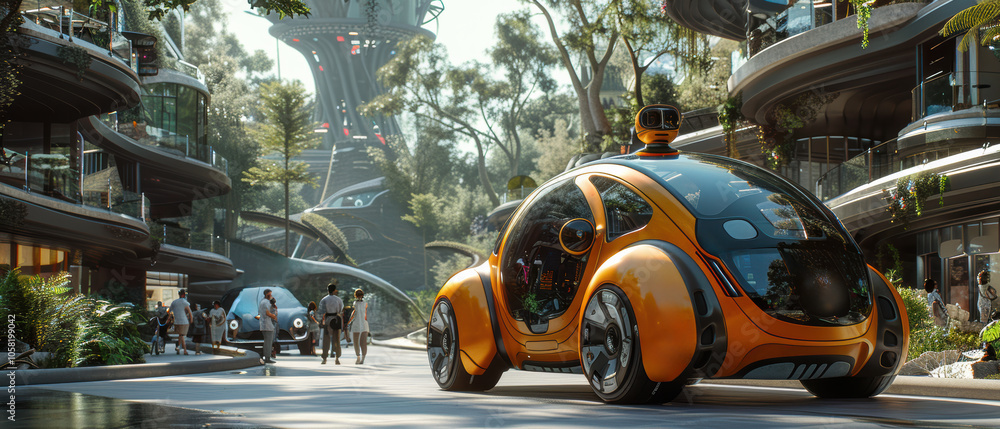 Fototapeta premium Futuristic autonomous vehicle navigating through a vibrant urban landscape filled with greenery and modern architecture