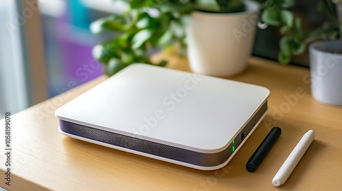 Wallpaper Mural A sleek electronic device on a wooden table with pens and a plant nearby. Torontodigital.ca