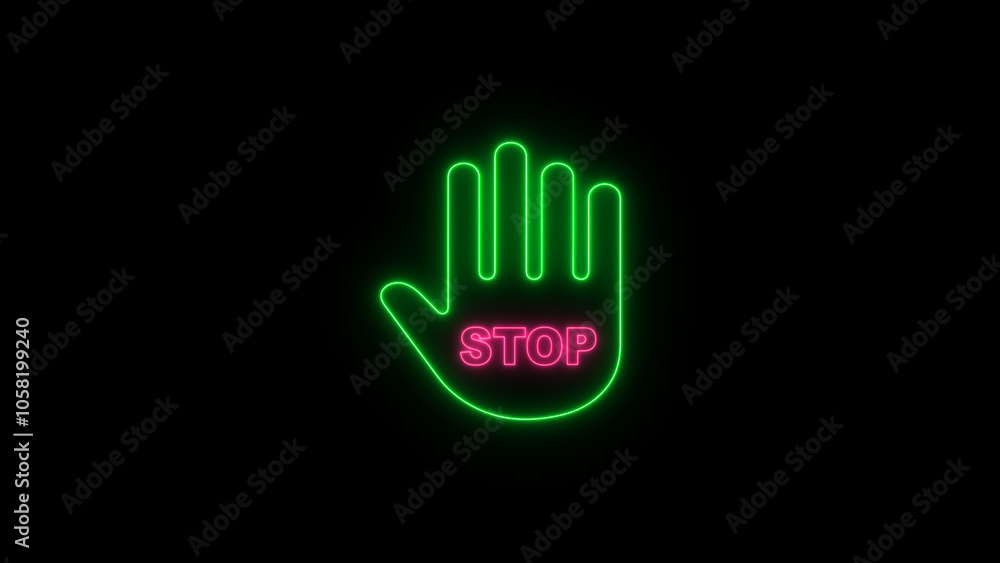 Vibrant Neon Red Stop Sign with Glowing Hand Icon on Black Background: Colorful, Thin-Line Palm Symbol in a Bold, Futuristic Design Vibrant Neon Red Stop Sign with Glowing Hand Icon on Black Background: Colorful, Thin-Line Palm Symbol in a Bold, Futuristic Design