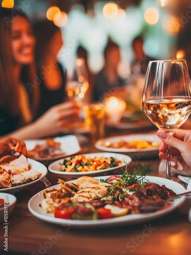 AI-Generated image of A group of people are sitting around a table with plates of food and wine glasses. Scene is one of celebration and enjoyment, as the people are gathered together to share a meal 