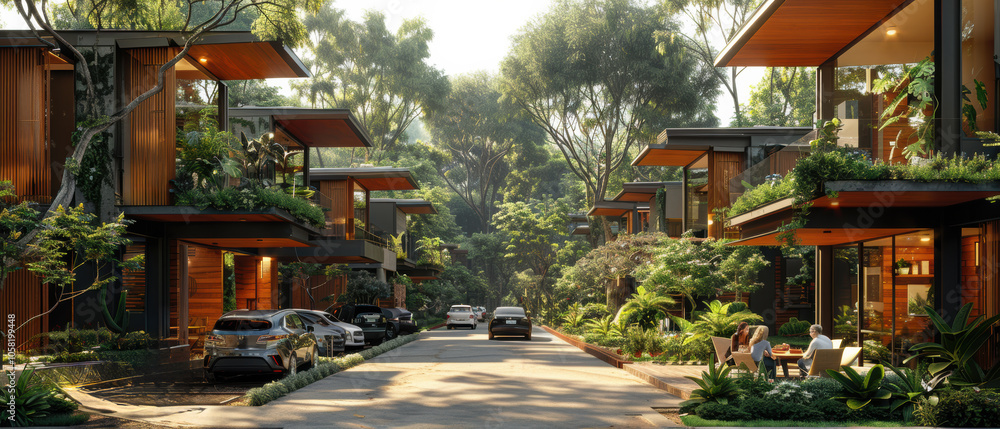 Modern eco-friendly homes nestled in lush greenery on a serene street during a sunny afternoon Modern eco-friendly homes nestled in lush greenery on a serene street during a sunny afternoon
