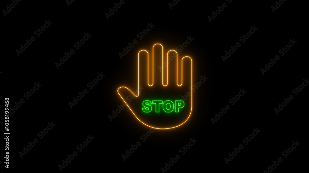 Vibrant Neon Red Stop Sign with Glowing Hand Icon on Black Background: Colorful, Thin-Line Palm Symbol in a Bold, Futuristic Design Vibrant Neon Red Stop Sign with Glowing Hand Icon on Black Background: Colorful, Thin-Line Palm Symbol in a Bold, Futuristic Design