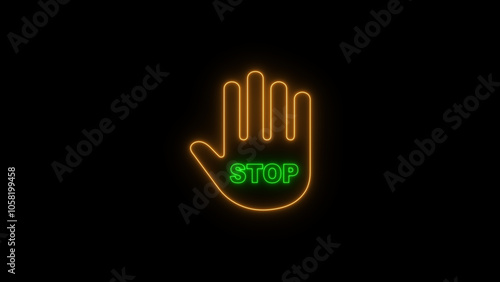 Vibrant Neon Red Stop Sign with Glowing Hand Icon on Black Background: Colorful, Thin-Line Palm Symbol in a Bold, Futuristic Design