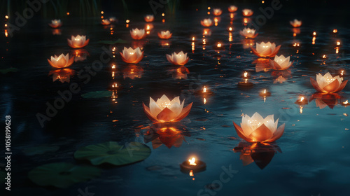 serene nighttime scene featuring glowing lotus flowers floating on tranquil water surface, creating captivating and peaceful atmosphere. gentle reflections enhance beauty of this enchanting view photo