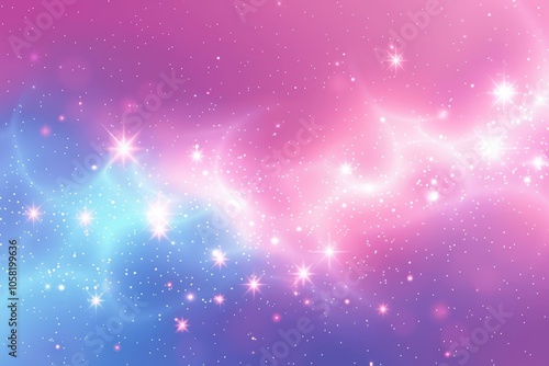 Cute Dreamy Pink and Blue Gradient Background with Stars and Unicorns. Fantasy Cartoon Sky and Pastel Galaxy. Vector Illustration