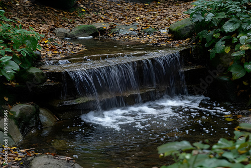 Serene Waterfall Photo - Cascading Water, Lush Greenery, and Tranquil Autumn Vibes photo