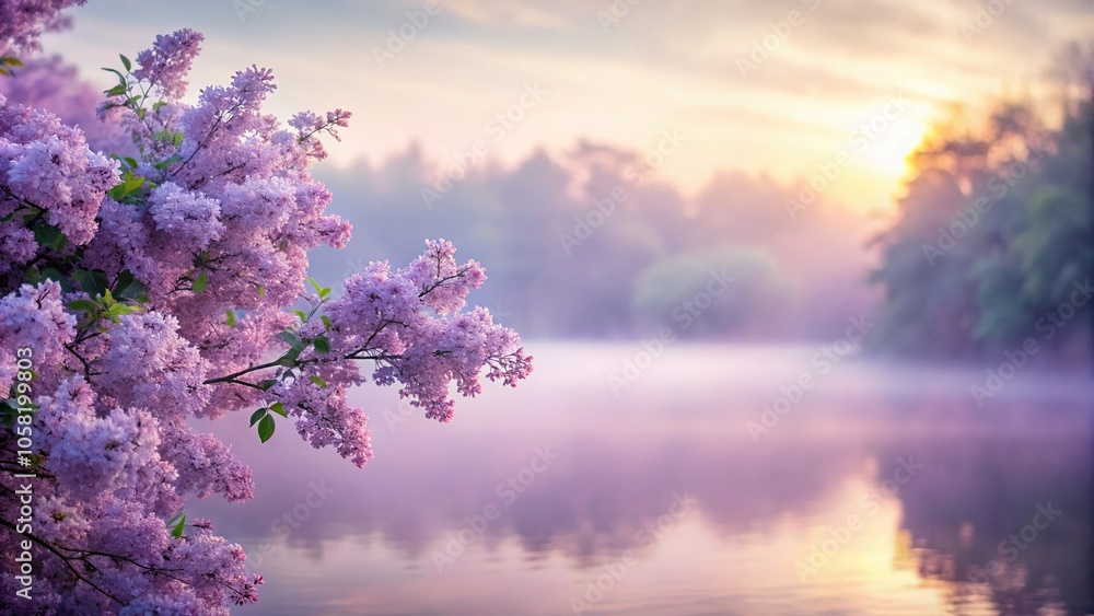 Soft lilac hues blend seamlessly into a blurred background of morning fog with delicate droplets of dew, dawn, dew, serene Soft lilac hues blend seamlessly into a blurred background of morning fog with delicate droplets of dew, dawn, dew, serene