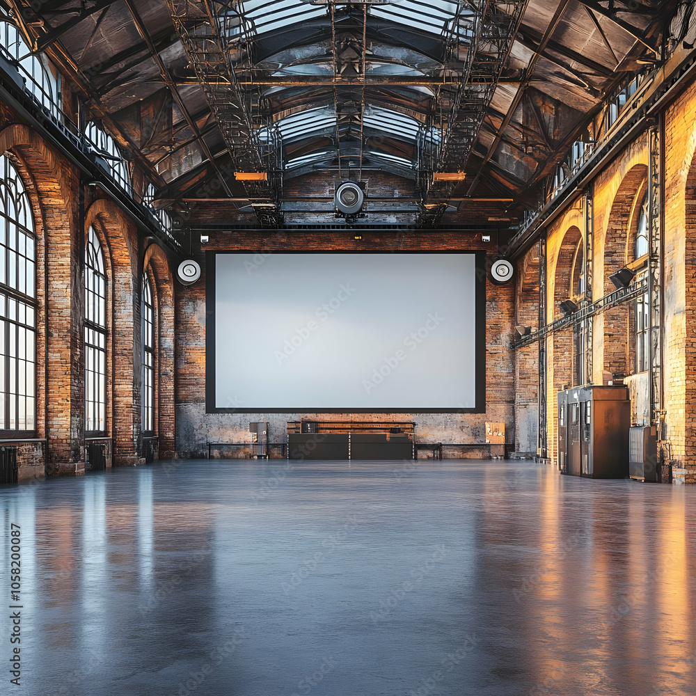 Empty Industrial Loft Illustration - Event Space with Blank Screen Empty Industrial Loft Illustration - Event Space with Blank Screen